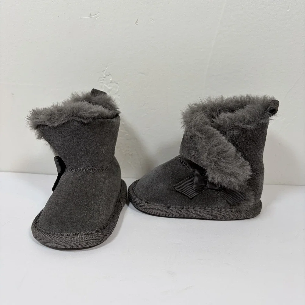 Bearpaw Bear Paw Boot Booties Leather Faux Fur Baby Toddler Size 1 0/6M Gray NEW
